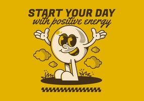 Start your day with positive energy. Ball head character with hands up and happy expression vector