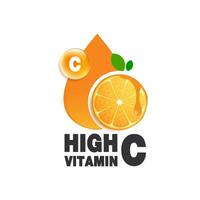 vitamina C, naranja Fruta y letra C con dos verde hojas. diseño para embalaje presentación, publicidad, empresa logo o símbolo, cosmético producto monitor antecedentes. vitamina C naturaleza. diseño. vector