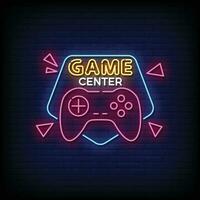 Neon Sign game center with brick wall background vector