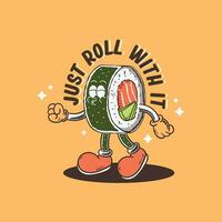 retro cartoon sushi roll  character illustration vector