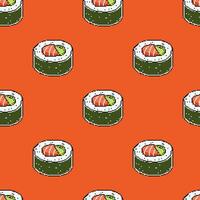 pixel art cartoon character sushi roll  seamless pattern vector