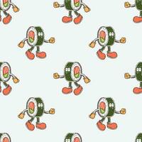 retro cartoon sushi roll  character seamless pattern vector