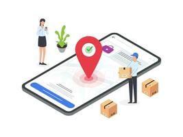 Isometric illustrations of customers receiving packages from couriers. Flat style artwork depicting delivery process and customer satisfaction. vector