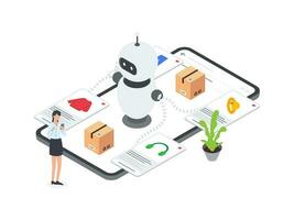 Flat Isometric illustration of AI robot assists woman in product selection on mobile e commerce platform, providing personalized suggestions based on AI algorithms. vector