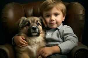 AI generated Playful Little child with cute puppy in armchair. Generate ai photo