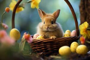 AI generated Adventurous Little Easter rabbit on eggs hunting. Generate ai photo