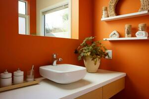 AI generated Bathroom orange wall. Generate Ai photo