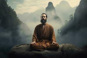 AI generated Tranquil Man meditation. Generate Ai photo