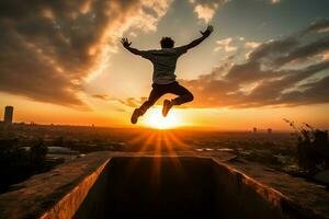 ai generado hombre parkour puesta de sol. generar ai foto