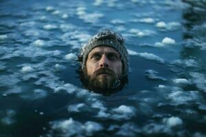 AI generated Resilient Man immersing in icy water on winter day. Generate Ai photo