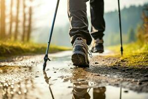 AI generated Active Man practicing nordic walking with poles outdoor. Generate Ai photo