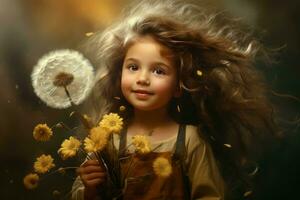 AI generated Youthful girl blowing dandelion plant. Generate Ai photo