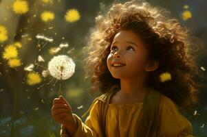 AI generated Girl blowing dandelion plant. Generate Ai photo