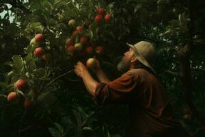 AI generated Diligent Senior man picking ripe apples in basket. Generate ai photo