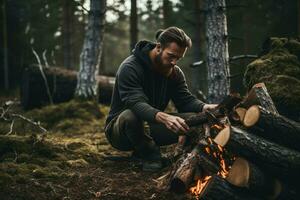 ai generado robusto hombre participación apilar de cortar leña en bosque. generar ai foto