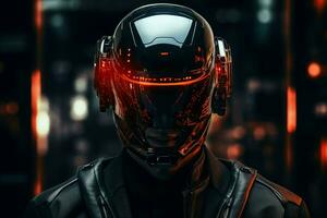 AI generated Man cyber helmet. Generate Ai photo