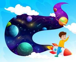 Cheerful kid flying on rocket in space concept vector