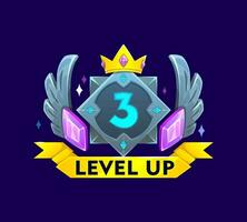 Game interface level up metal badge, crown, gems vector