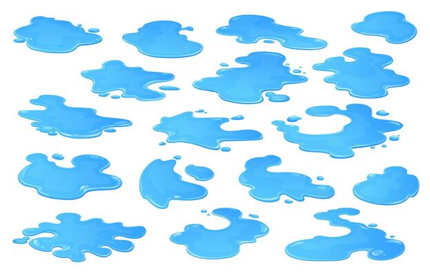 Cartoon rain water puddles, splashes, drop, spill