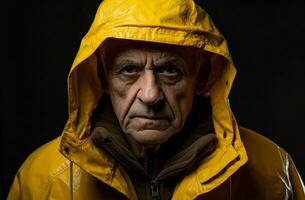 ai generado mayor antiguo hombre amarillo chaqueta. generar ai foto