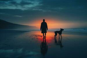 ai generado místico hombre perro puesta de sol. generar ai foto