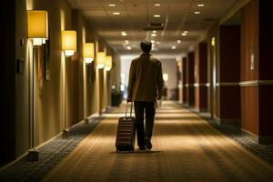 AI generated Hard-wearing Man suitcase luggage in hotel. Generate Ai photo