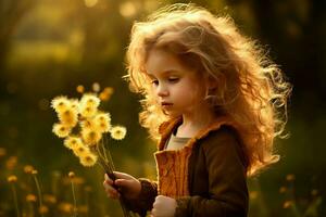 AI generated Peaceful girl blowing dandelion plant. Generate Ai photo