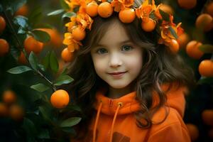ai generado pequeño niña naranja ropa. generar ai foto