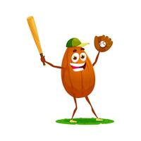 Cartoon almond nut character plays baseball game vector