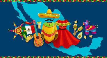 Mexico map with national flag, meals and plants vector