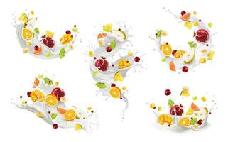 Realistic milk drink wave splash and ripe fruits vector