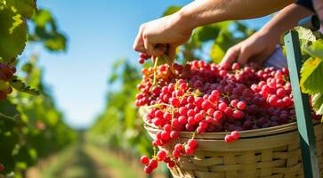 AI generated person picking grapes in vineyard, person picking grapes, close-up of hand picking grapes, harvest for grapes photo