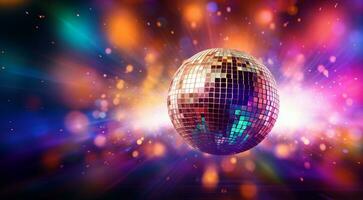 AI generated disco ball with lights, disco ball and lights, disco ball on abstract colored background, disco ball in the night club, lights in the disco photo