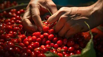 AI generated hands of a person holding a bunch of coffee beans, harvest for coffee beans, close-up of hands picking up of coffee beans photo