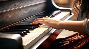 AI generated close-up of hands playing piano, person playing piano, piano background photo