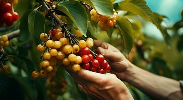 AI generated close-uo of hand picking cherry, cherries in the garden, harvest for cherries photo