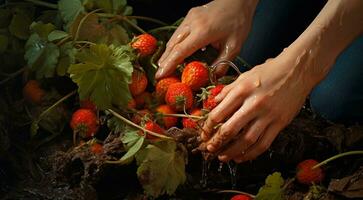 ai generado fresas en manos, cerrar-uo de mano cosecha fresas, fresas en el jardín, cosecha para fresas foto