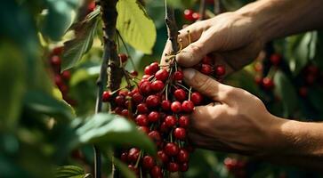 AI generated close-uo of hand picking cherry, cherries in the garden, harvest for cherries photo