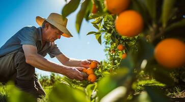 AI generated oranges on tree, close-uo of hand picking orange, oranges in the garden, harvest for oranges photo