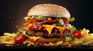 ai generado hamburguesa y papas fritas en resumen fondo, comida rápida fondo de pantalla, hamburguesa y papas fritas en el mesa, comida rápida bandera foto