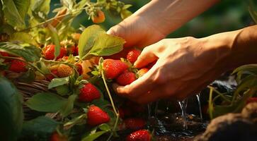 AI generated strawberries in hands, close-uo of hand picking strawberries, strawberries in the garden, harvest for strawberries photo