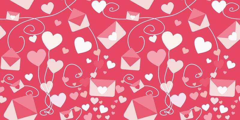 Seamless pattern with Romantic symbols. Hearts and Love Messages, Envelopes, Decoration for Wedding and Valentines day. Vector Flat Background for Wrapping paper, Textile, Fabric, Wallpaper.