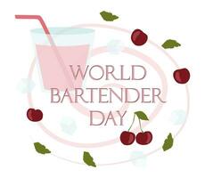 International Bartenders Day banner with Glass and Cocktail ingredients. 6 February. Vector Flat Template for Banner, card, poster. Illustration with isolated Cherries, Ice cubes and Leaves of Mint.