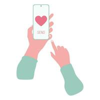 Sending Love Message concept. Hand holding Phone with Heart, Send button and Finger touch screen. Valentines Vector flat cartoon illustration for advertisement, web sites, banners, infographic design.