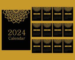 elegante 2024 mensual calendario dorado y negro, 12 mes calendario vector