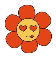 Retro 70s 60s 80s Hippie Groovy cute flower shows tongue. Eyes hearts. Smiling face. Valentine Day element. Flower power. Vector illustration isolated on a white background.