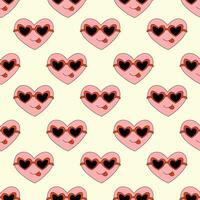 Seamless Pattern with Heart Pink Character for Valentine Day in sunglasses. Smile and show tongue. Mascot in groovy and Y2k style. Vector cartoon illustration.