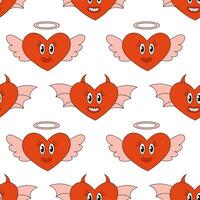 Seamless Pattern with Hearts Characters for Valentine Day. Angel and demon. Mascot in groovy and Y2k style. Vector cartoon illustration.