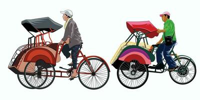 Two rickshaw becak yogyakarta vector with isolated white background.