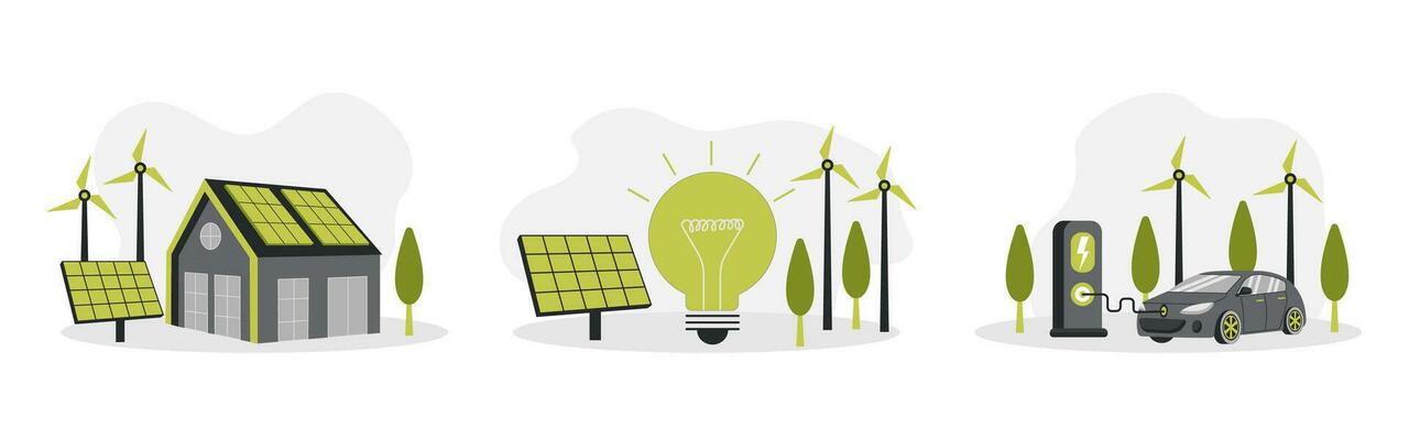 Green energy. Smart grid. Renewable. House with windmills and solar energy panels, electric car near charging station.
